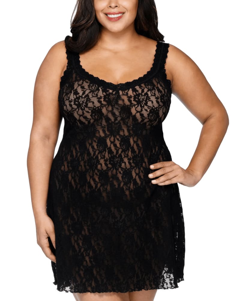 Front of a model wearing a size 1X SIGNATURE LACE TANK CHEMISE in BLAC-BLACK by Hanky Panky. | dia_product_style_image_id:272633